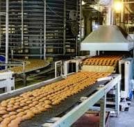 Biscuit factory conveyor line representing packaging support manpower.