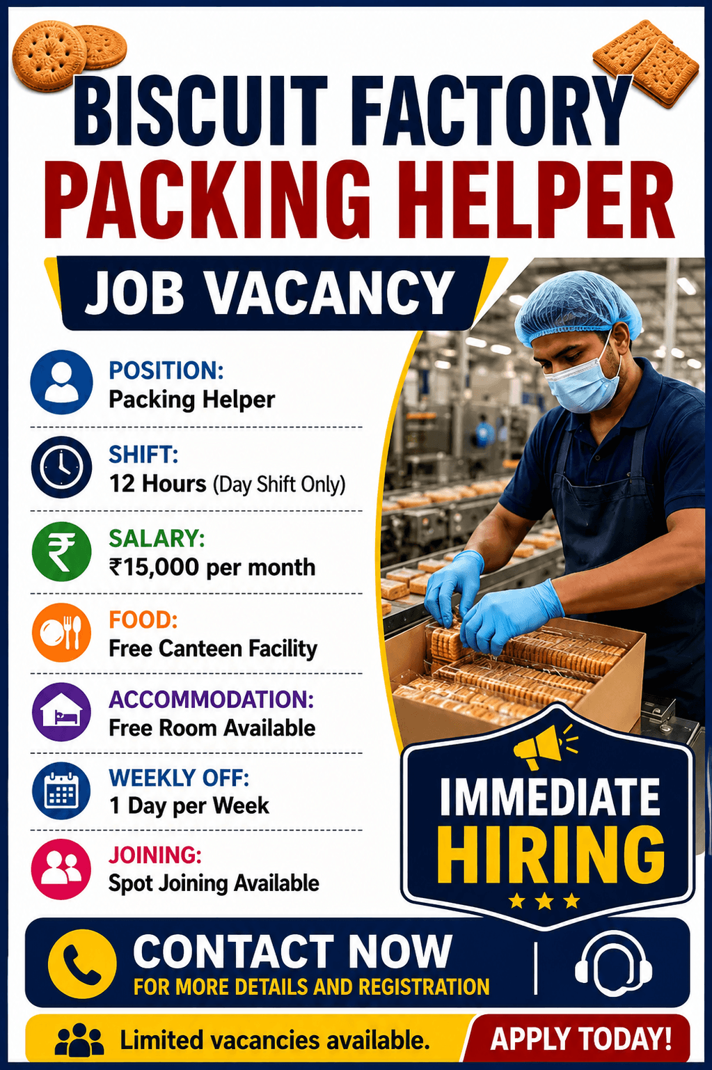 Biscuit factory packing helper job vacancy poster